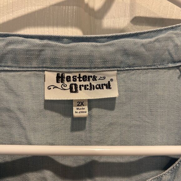 Hester & Orchard Tencel Chambray Button Up Asymmetrical Raw Hem Shirt Sz 2X - Picture 8 of 9